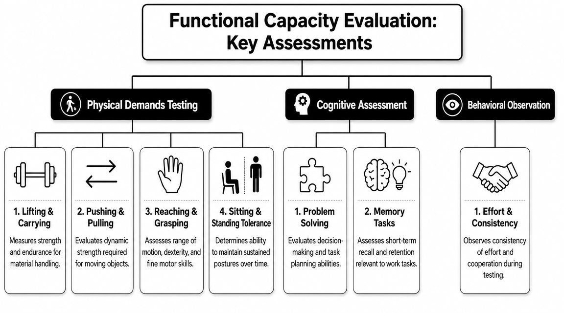 A diagram outlining the key assessments involved in a Functional Capacity Evaluation, including physical, cognitive, and behavioral tests.