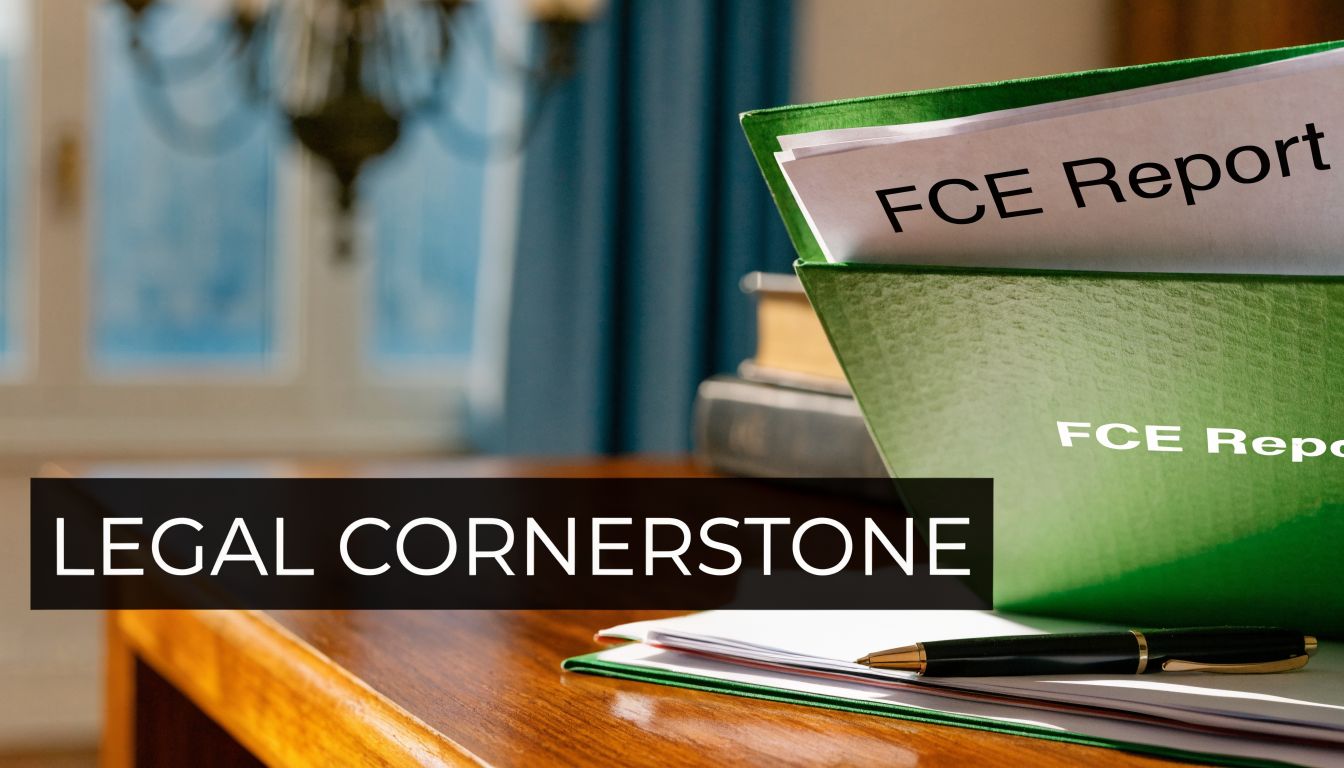 A green folder labeled FCE Report and a black pen sitting on a wooden desk.