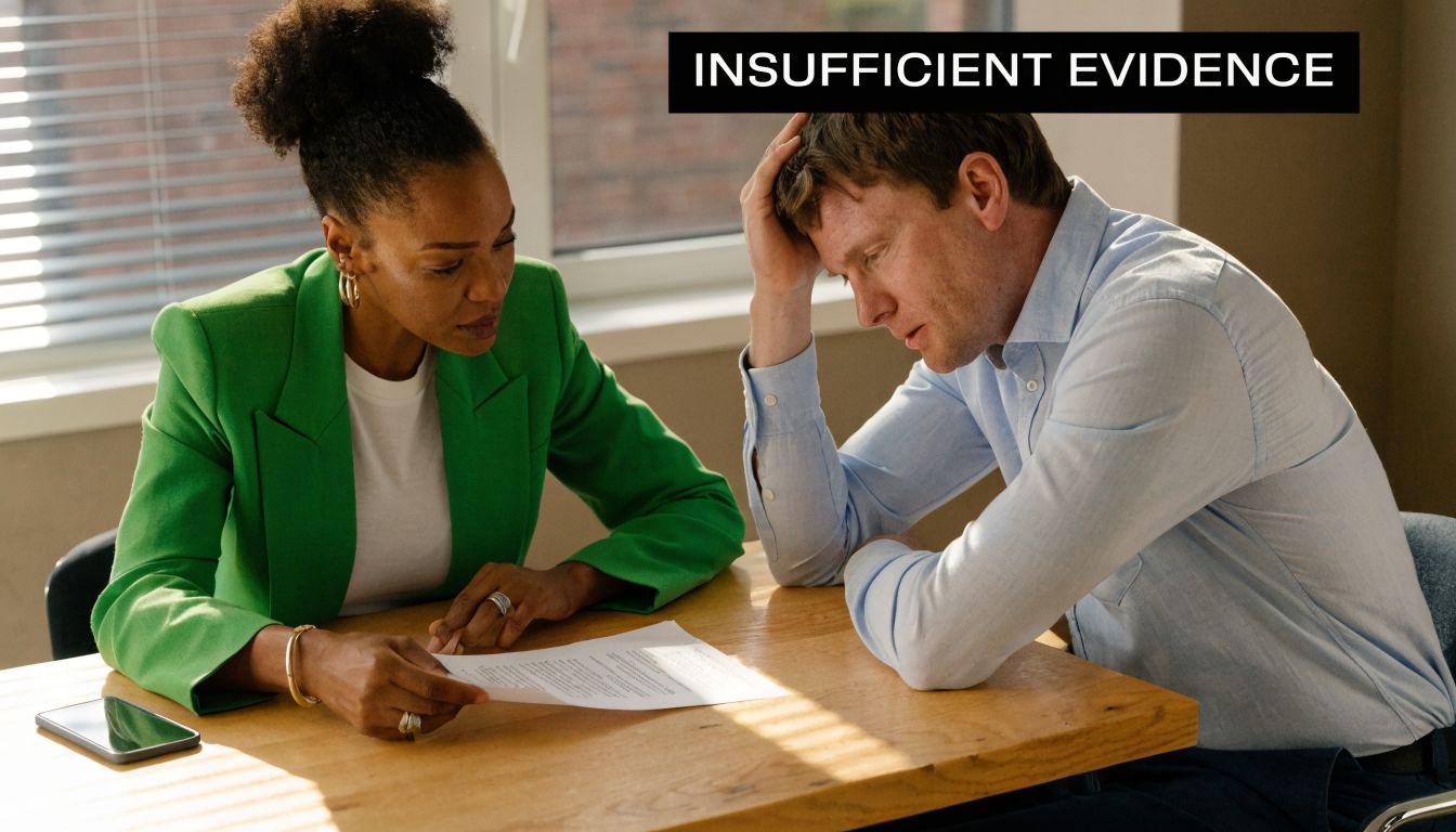 A professional woman in a green blazer reviewing documents with a stressed man in an office.
