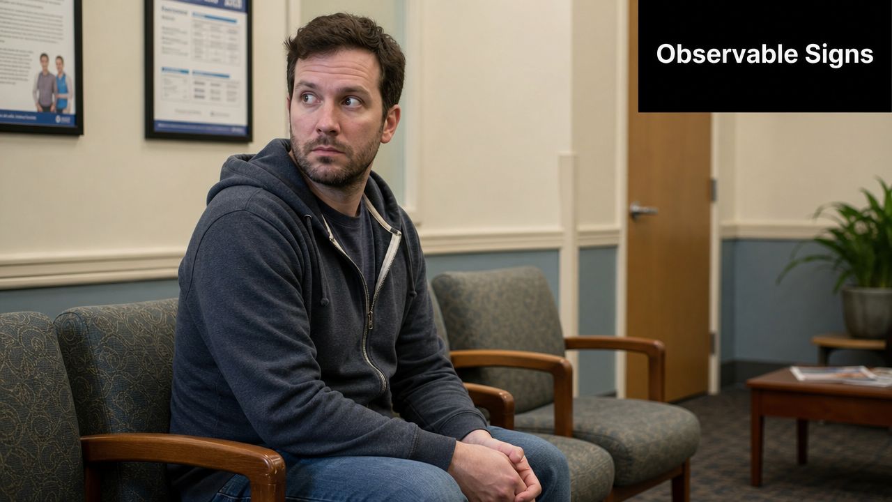 A man in a hoodie sitting in a waiting room, looking back with a guarded, anxious expression.