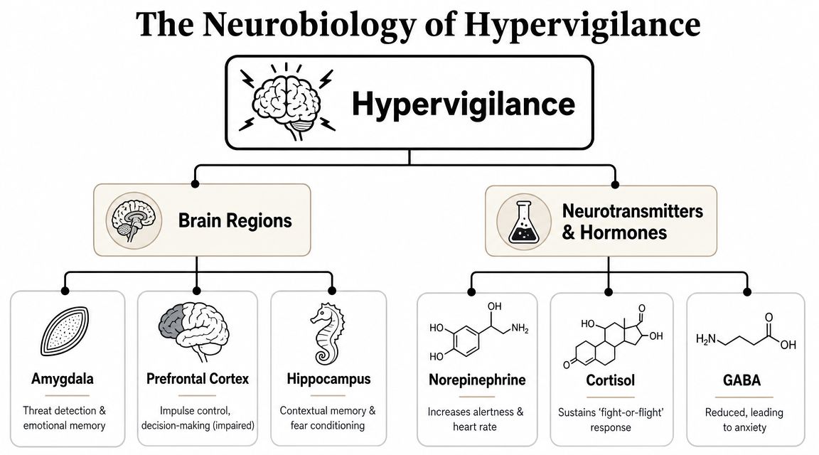 A diagram explaining the neurobiology of hypervigilance, featuring key brain regions and neurotransmitters involved in the process.