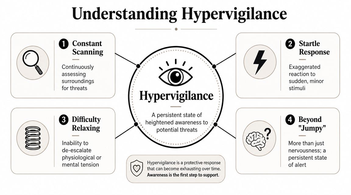 An infographic titled Understanding Hypervigilance explaining four key symptoms: scanning, startle response, difficulty relaxing, and persistent alertness.