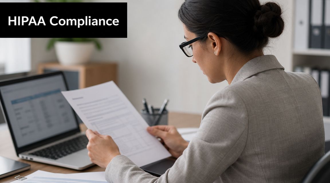 A professional woman in a grey blazer reviews medical documentation in an office, ensuring HIPAA compliance.