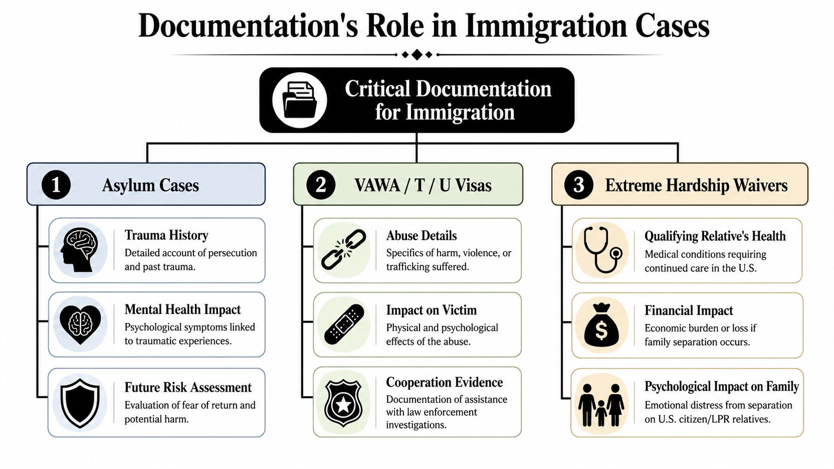An infographic detailing essential documentation needed for asylum cases, victim visas, and extreme hardship waivers.