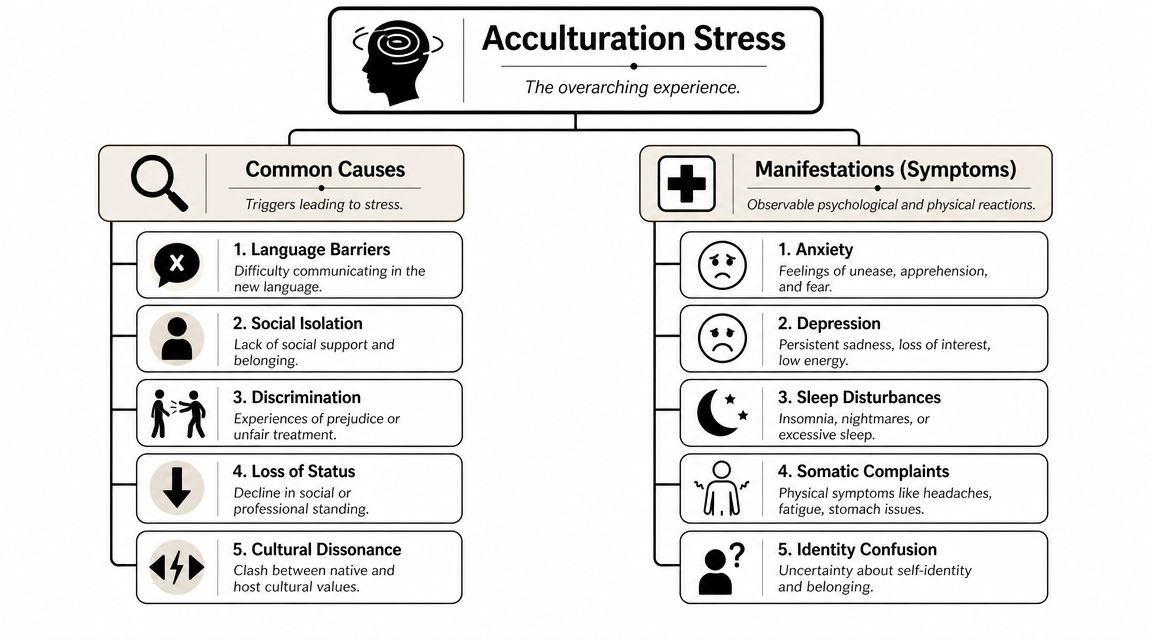 A diagram outlining the common causes and psychological symptoms of acculturation stress for immigrants and newcomers.