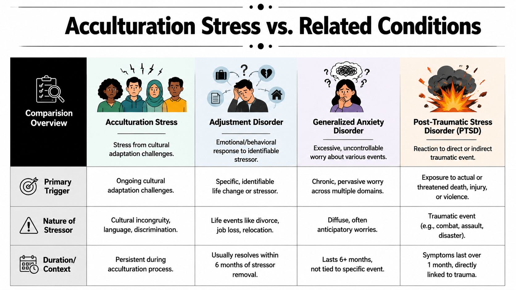A comparison chart outlining differences between acculturation stress, adjustment disorder, generalized anxiety disorder, and PTSD.
