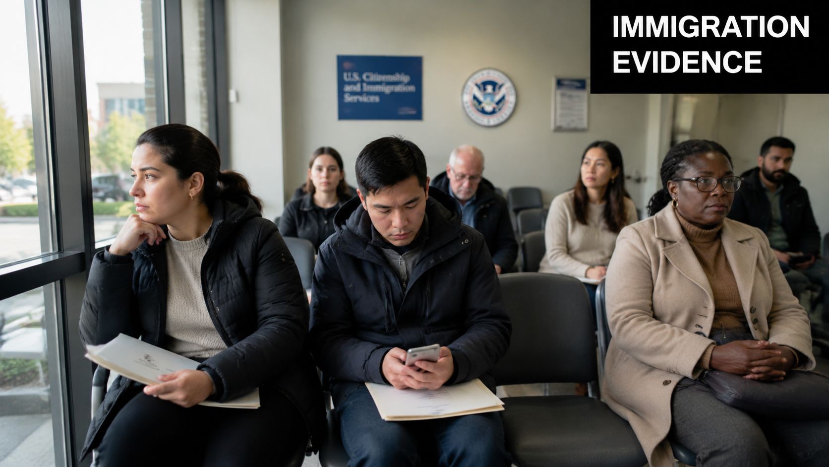 Diverse group of people sitting and waiting in a U.S. Citizenship and Immigration Services office lobby.