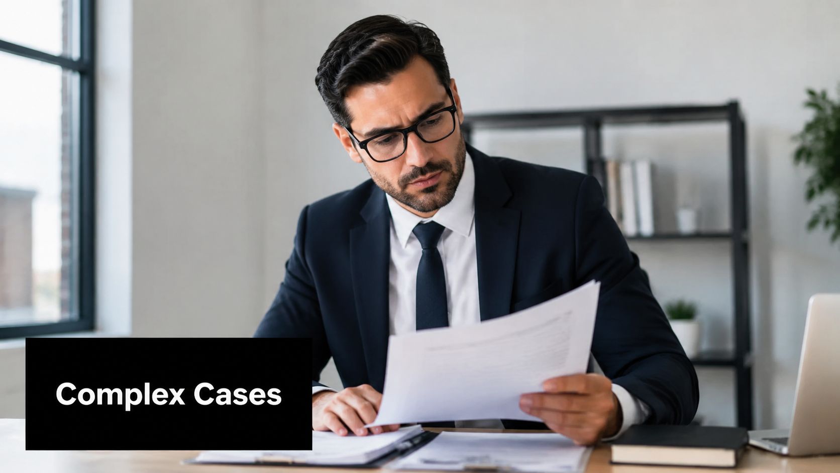 A professional man in a business suit reviewing legal documents at his office desk.