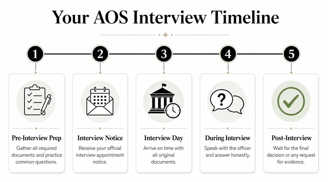 A five-step infographic outlining the official AOS interview timeline process from preparation to final decision.