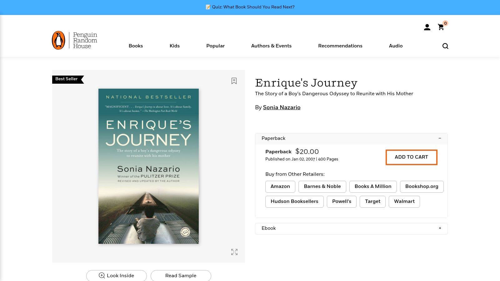 Enrique's Journey: The Story of a Boy's Dangerous Odyssey to Reunite with His Mother, Sonia Nazario