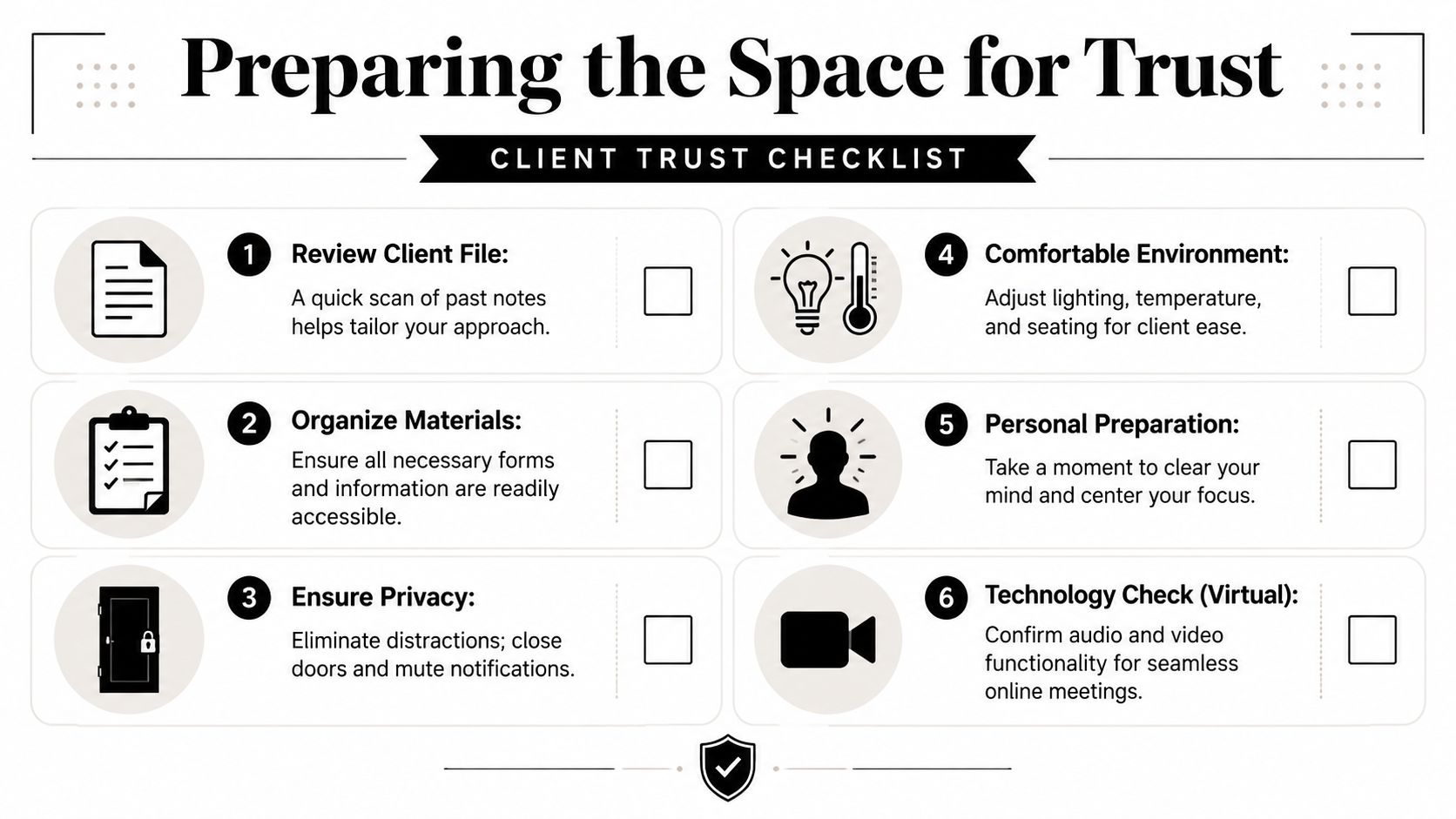 A checklist titled Preparing the Space for Trust with six numbered steps to build client relationships.
