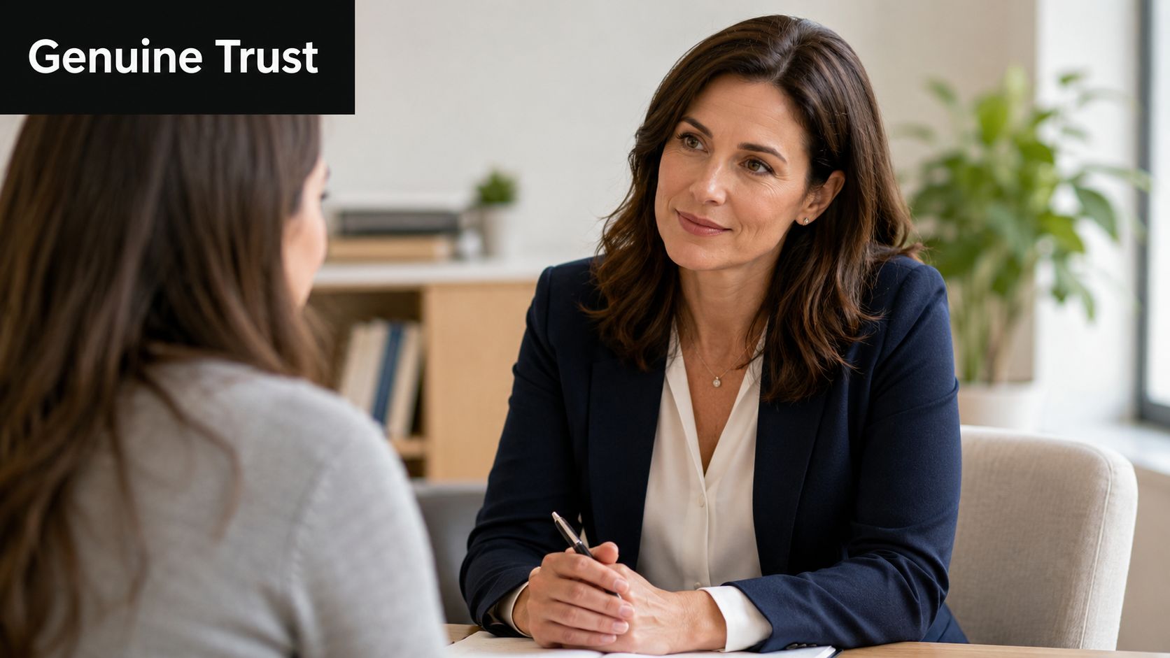 A professional woman in a blazer having a collaborative conversation with a client in an office.