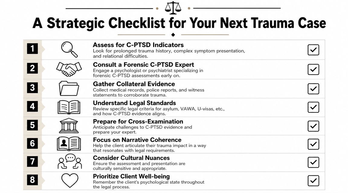 A strategic checklist infographic for legal professionals managing trauma cases, specifically focusing on C-PTSD assessments.