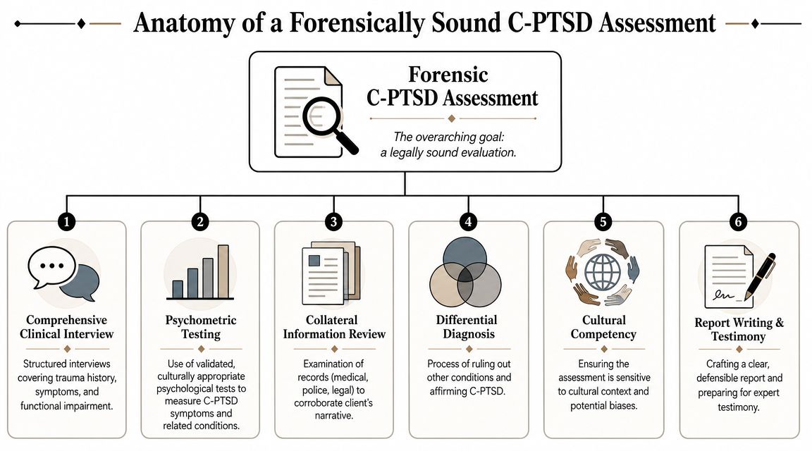 A flowchart detailing the six key components of conducting a forensically sound Complex PTSD assessment for legal evaluations.