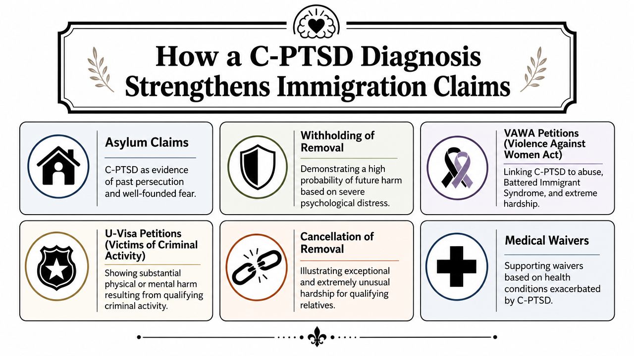 An infographic detailing how a C-PTSD diagnosis can strengthen various types of immigration and legal claims.