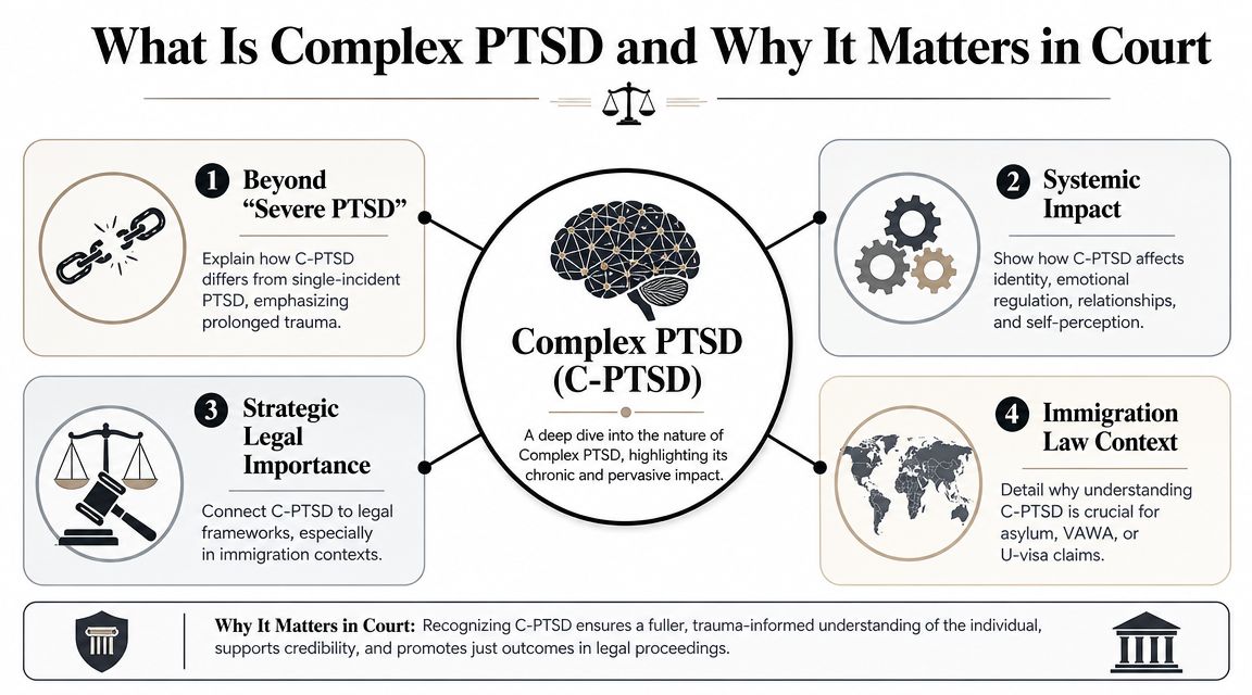 An infographic titled What Is Complex PTSD and Why It Matters in Court with four key sections.