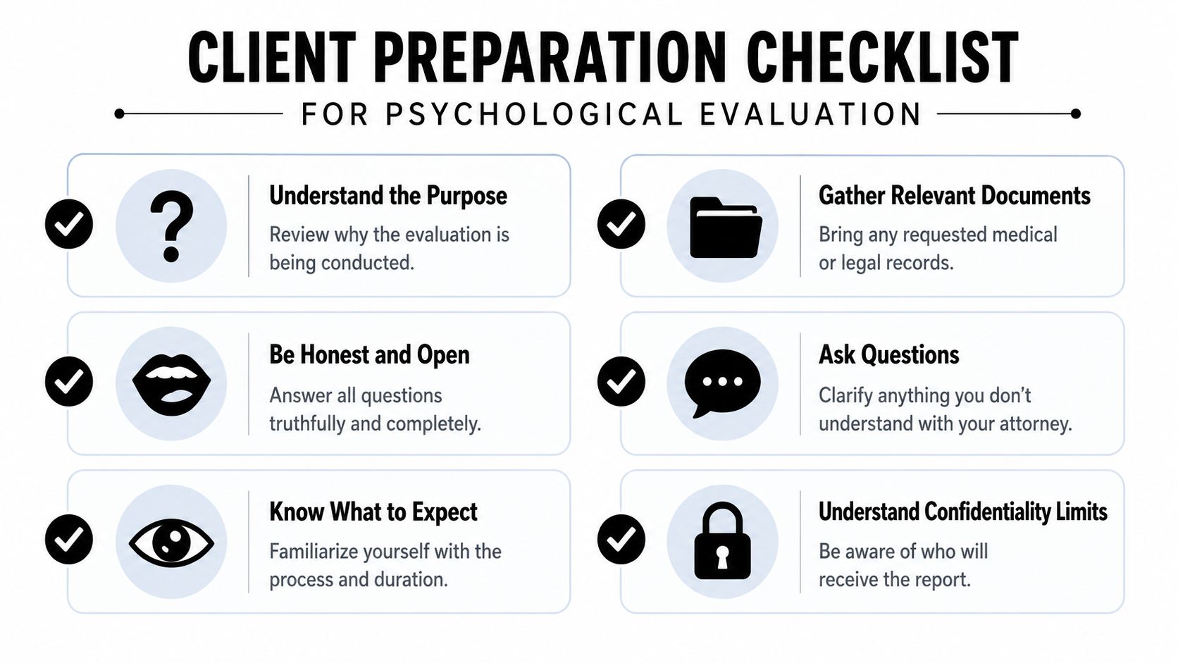 A checklist for clients to prepare for a psychological evaluation, including steps for honesty and documentation.