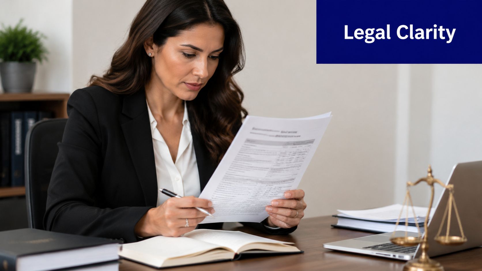 A professional female lawyer in a black suit reviewing legal documents at her desk in an office.