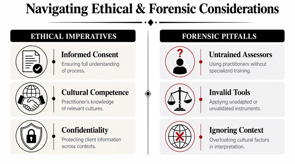 A professional infographic titled Navigating Ethical and Forensic Considerations, contrasting ethical imperatives with common forensic assessment pitfalls.