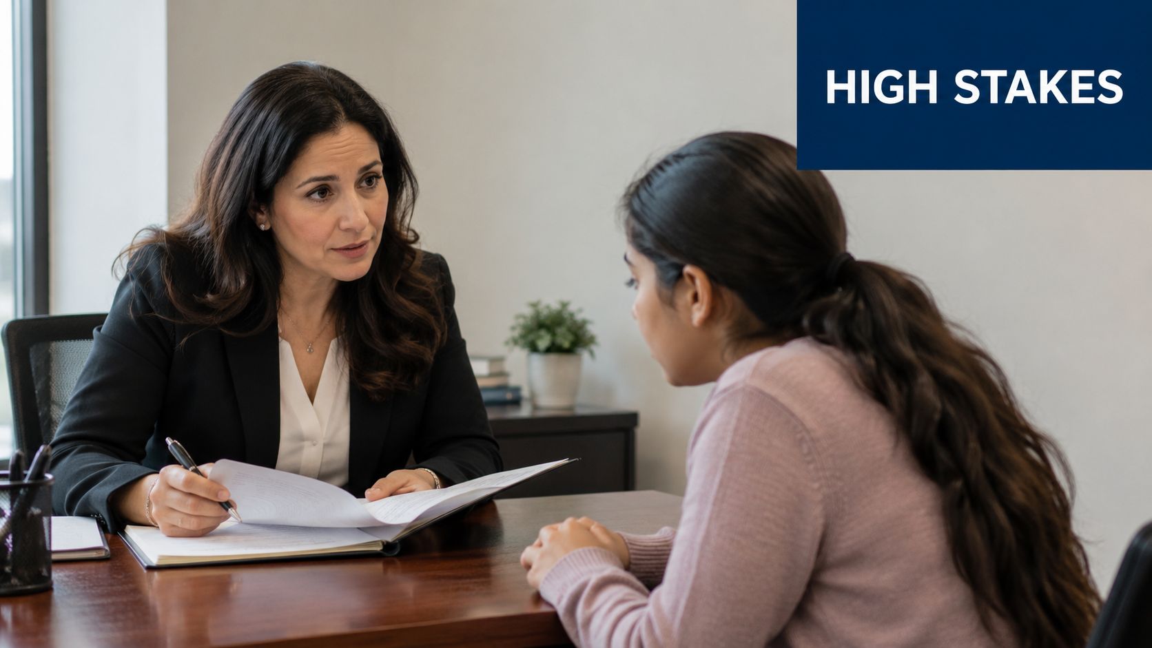 A professional woman in a suit conducting a cross cultural assessment with a young woman in an office.