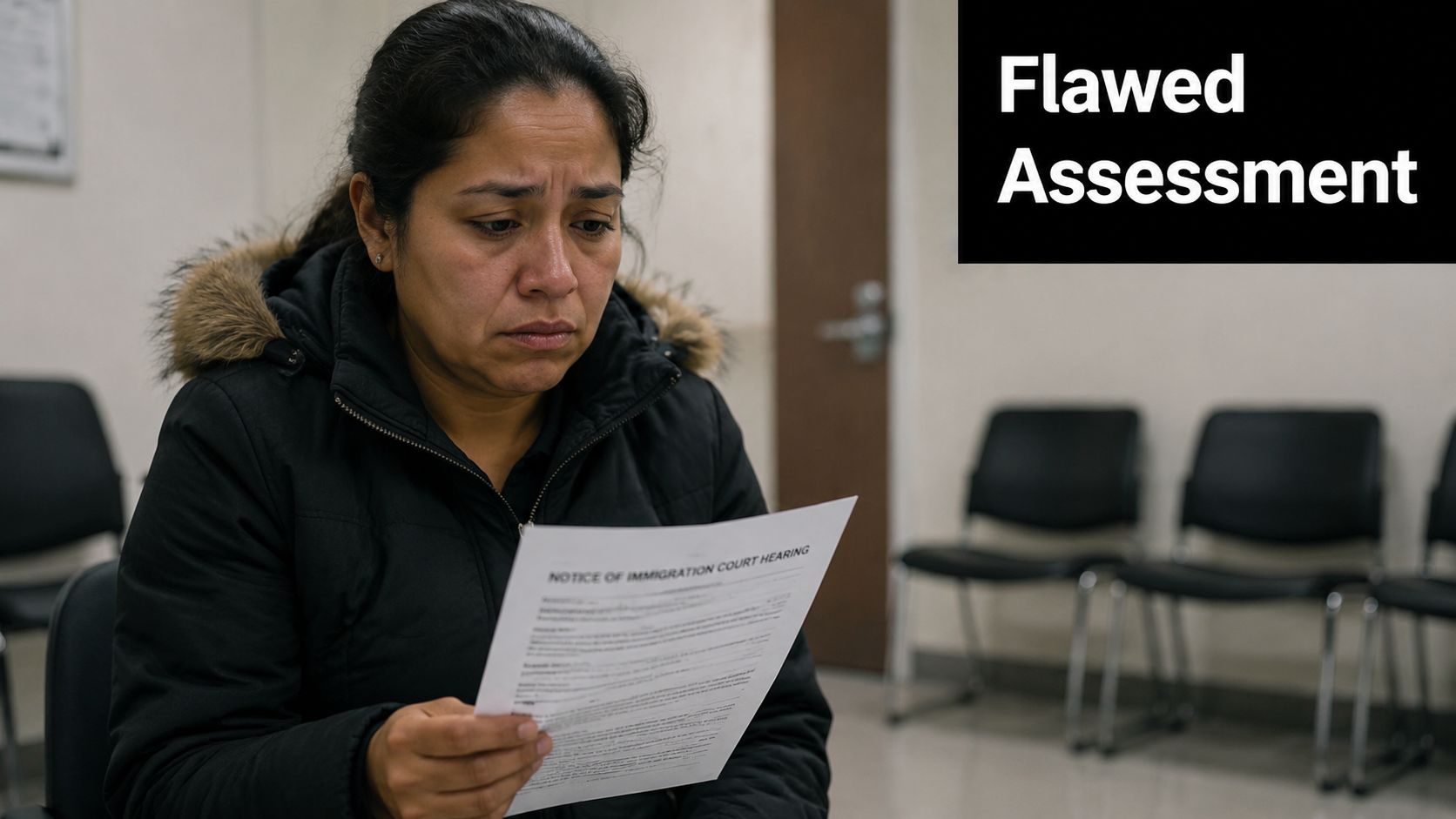A distressed woman holding a notice of immigration court hearing in a sterile office waiting area.