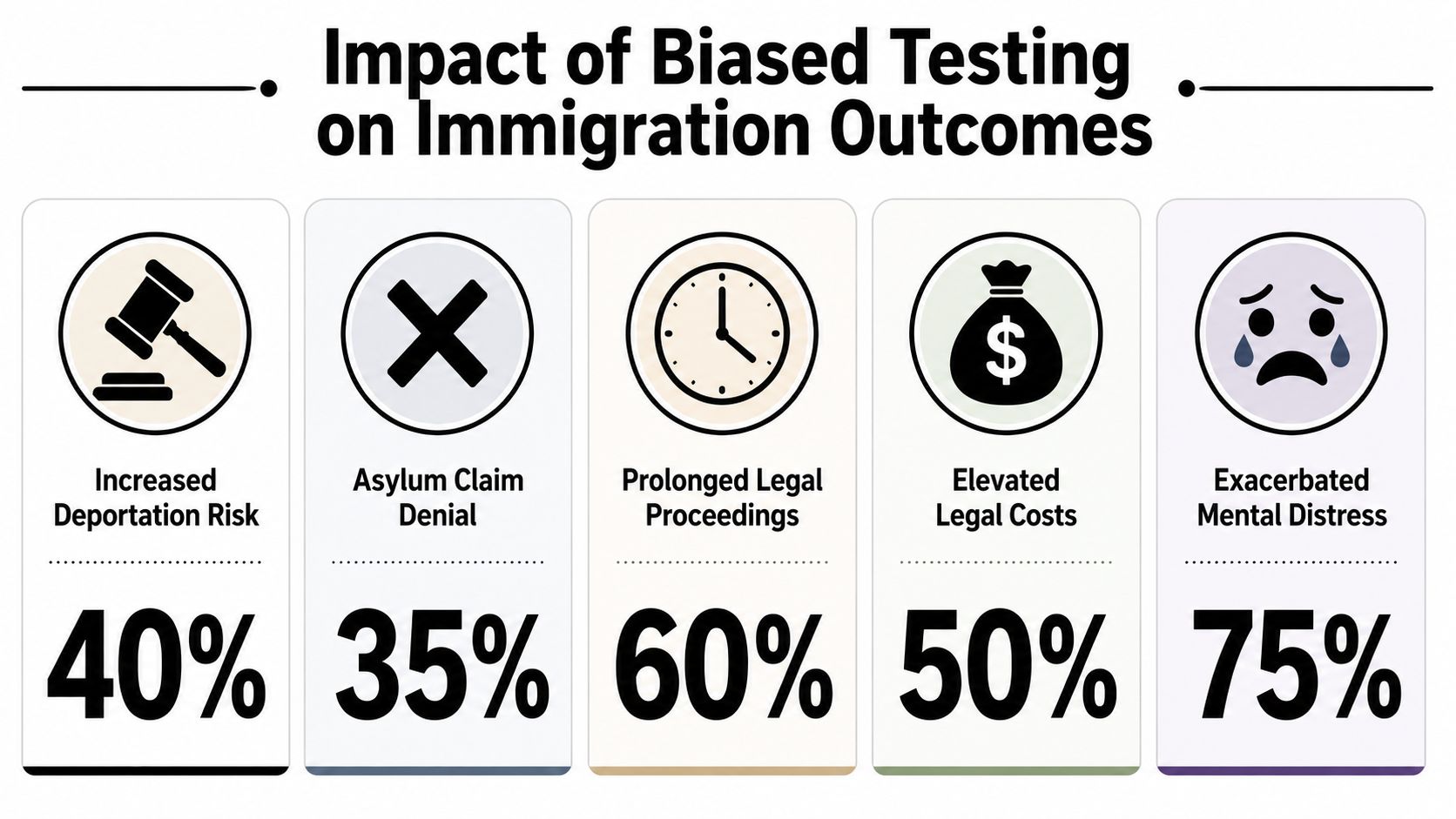 An infographic showing the negative percentages of immigration outcomes caused by biased psychological testing.