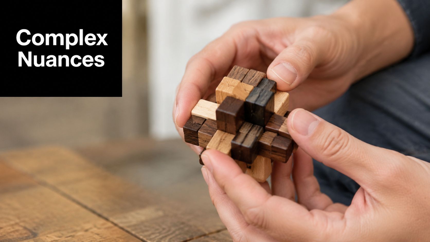 A person holding a complex wooden burr puzzle, representing intricate challenges and cognitive problem-solving tasks.