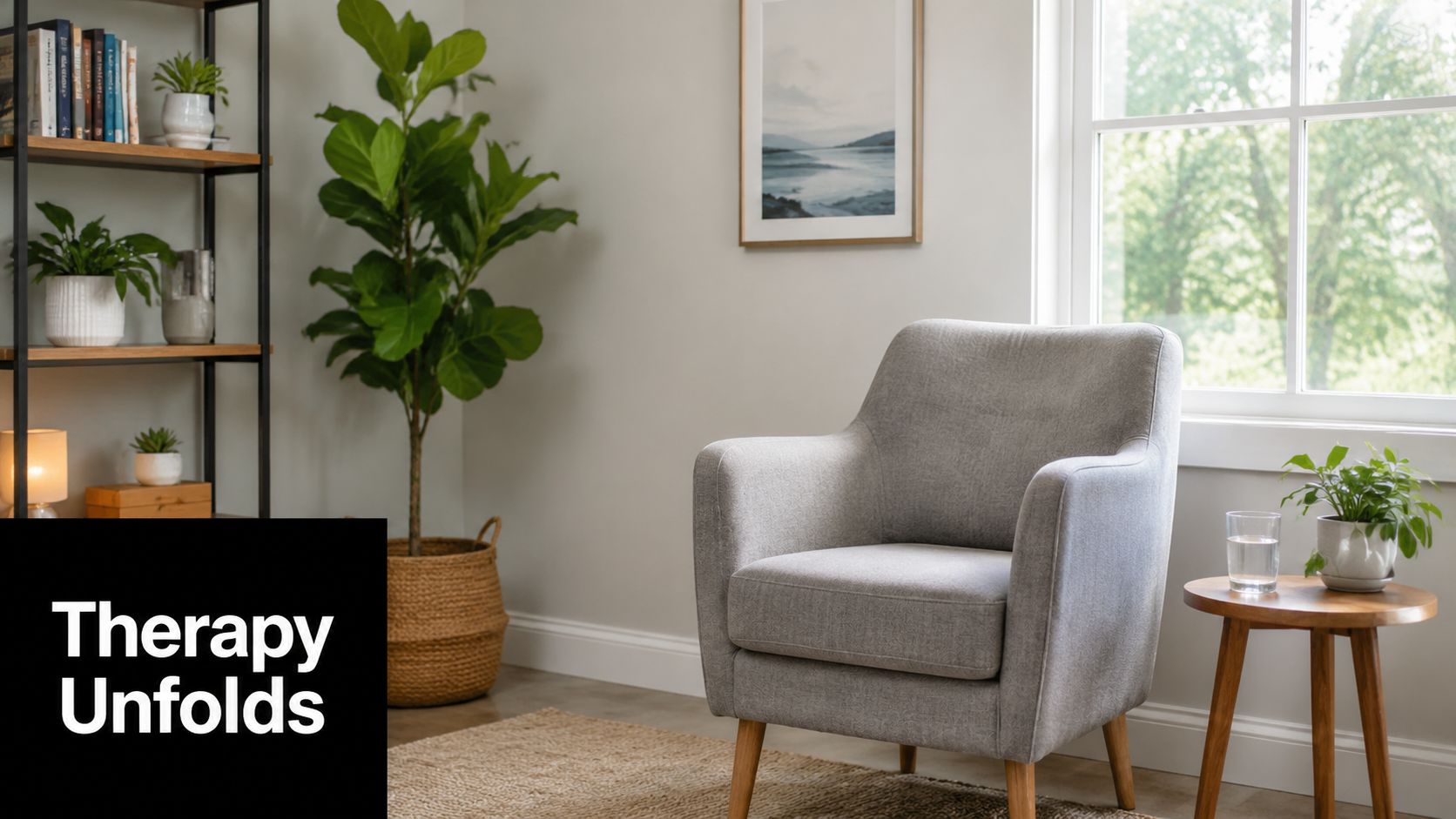 A cozy, minimalist room with a comfortable gray armchair, a potted plant, and shelves in the background.
