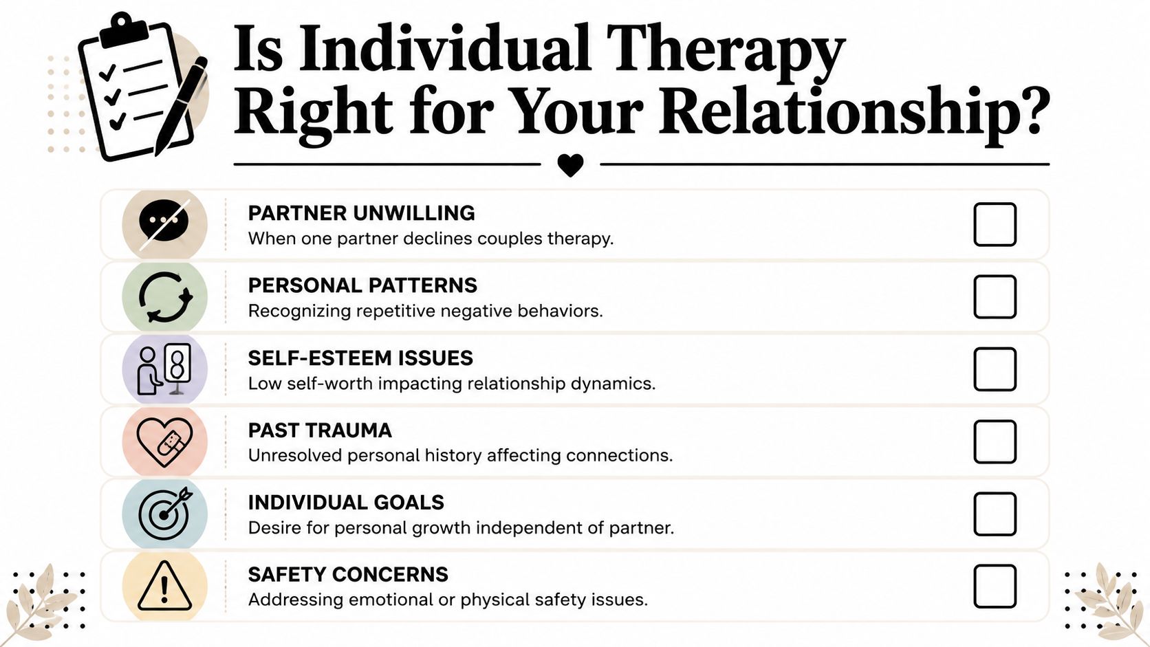 A checklist infographic titled Is Individual Therapy Right for Your Relationship detailing six reasons to consider therapy.