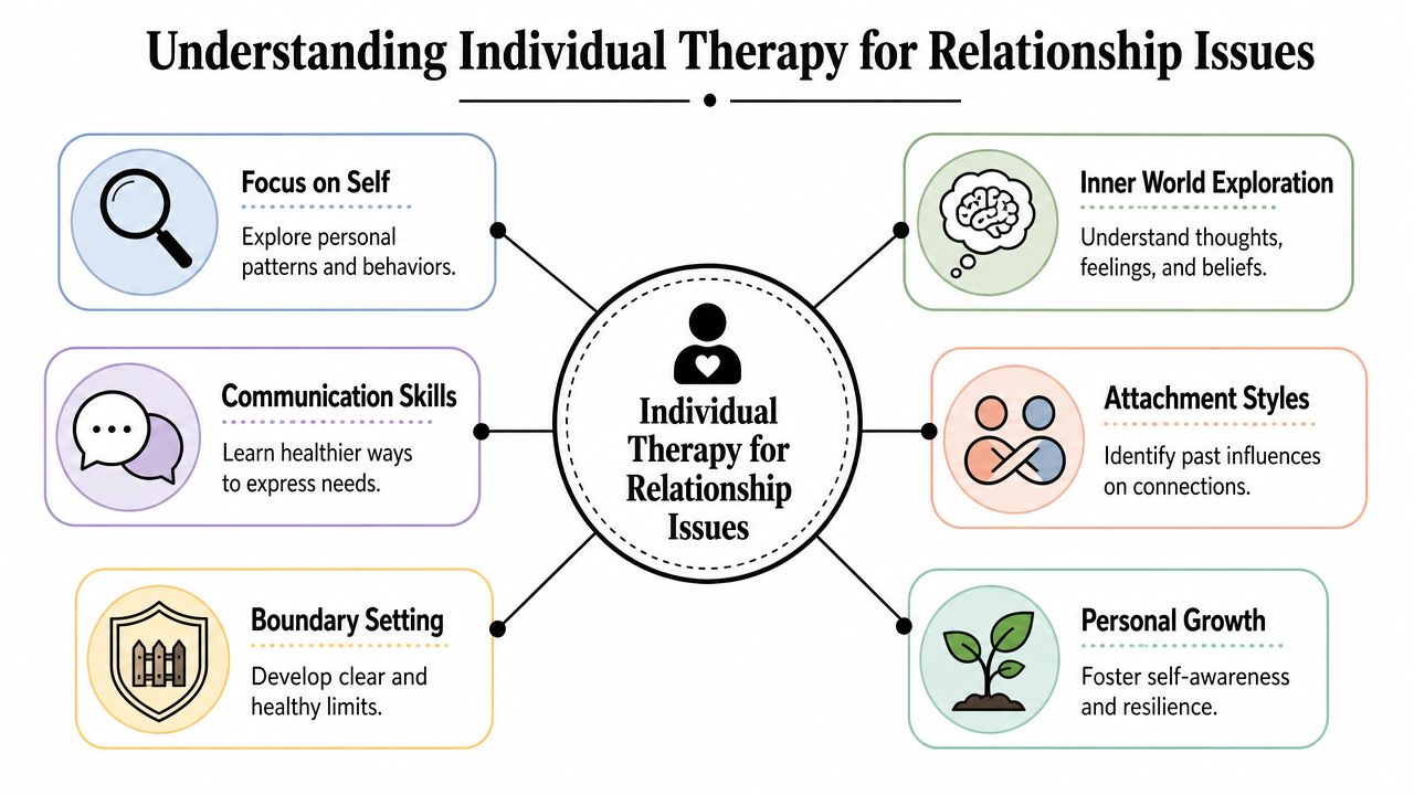 A diagram illustrating how individual therapy can help address and resolve various relationship issues through personal growth.