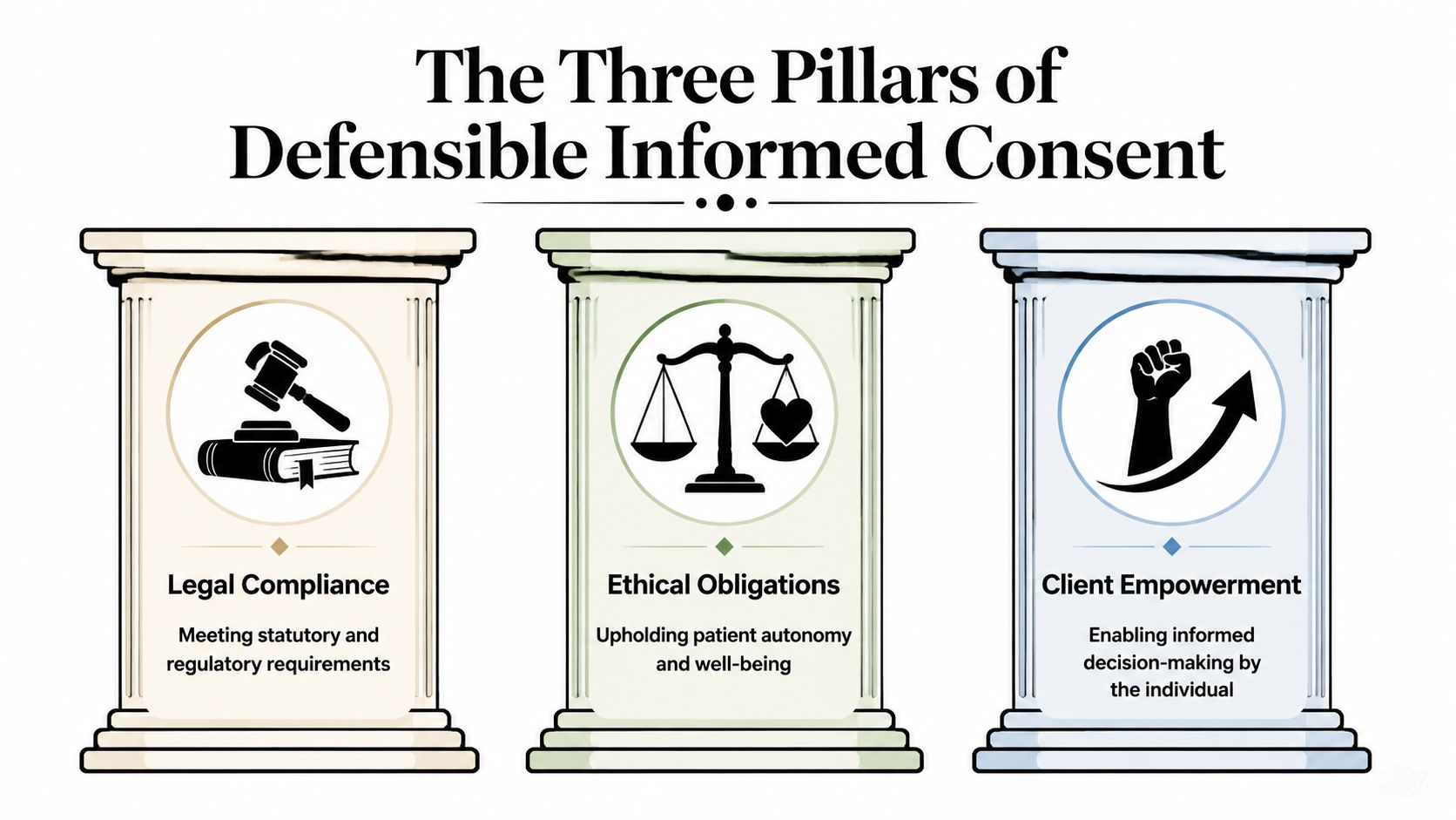 An infographic titled The Three Pillars of Defensible Informed Consent, showing legal, ethical, and empowerment pillars.