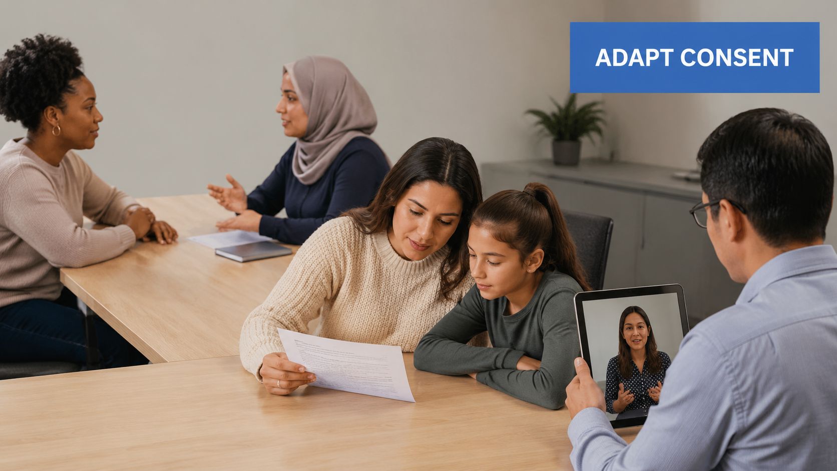 A professional meeting showing a diverse group discussing informed consent procedures with a remote participant on tablet.