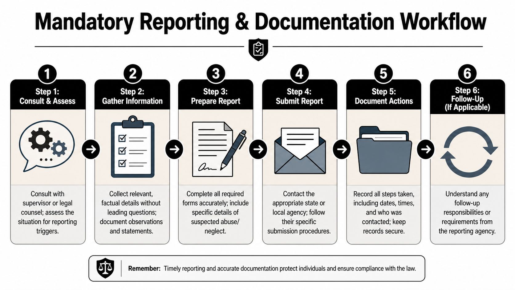 A six-step infographic workflow explaining the mandatory reporting and documentation process for suspected abuse or neglect.