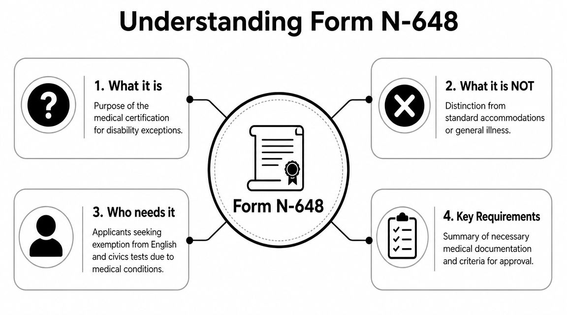 An infographic titled Understanding Form N-648 summarizing its purpose, usage requirements, and key medical documentation criteria.