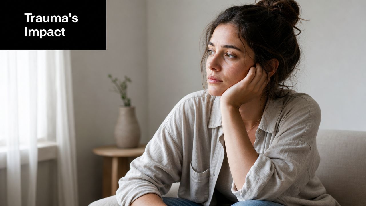 A contemplative young woman sitting on a couch, looking out a window with a thoughtful expression.