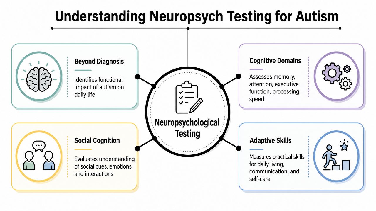 An infographic titled Understanding Neuropsych Testing for Autism detailing cognitive domains, social cognition, and adaptive skills assessments.