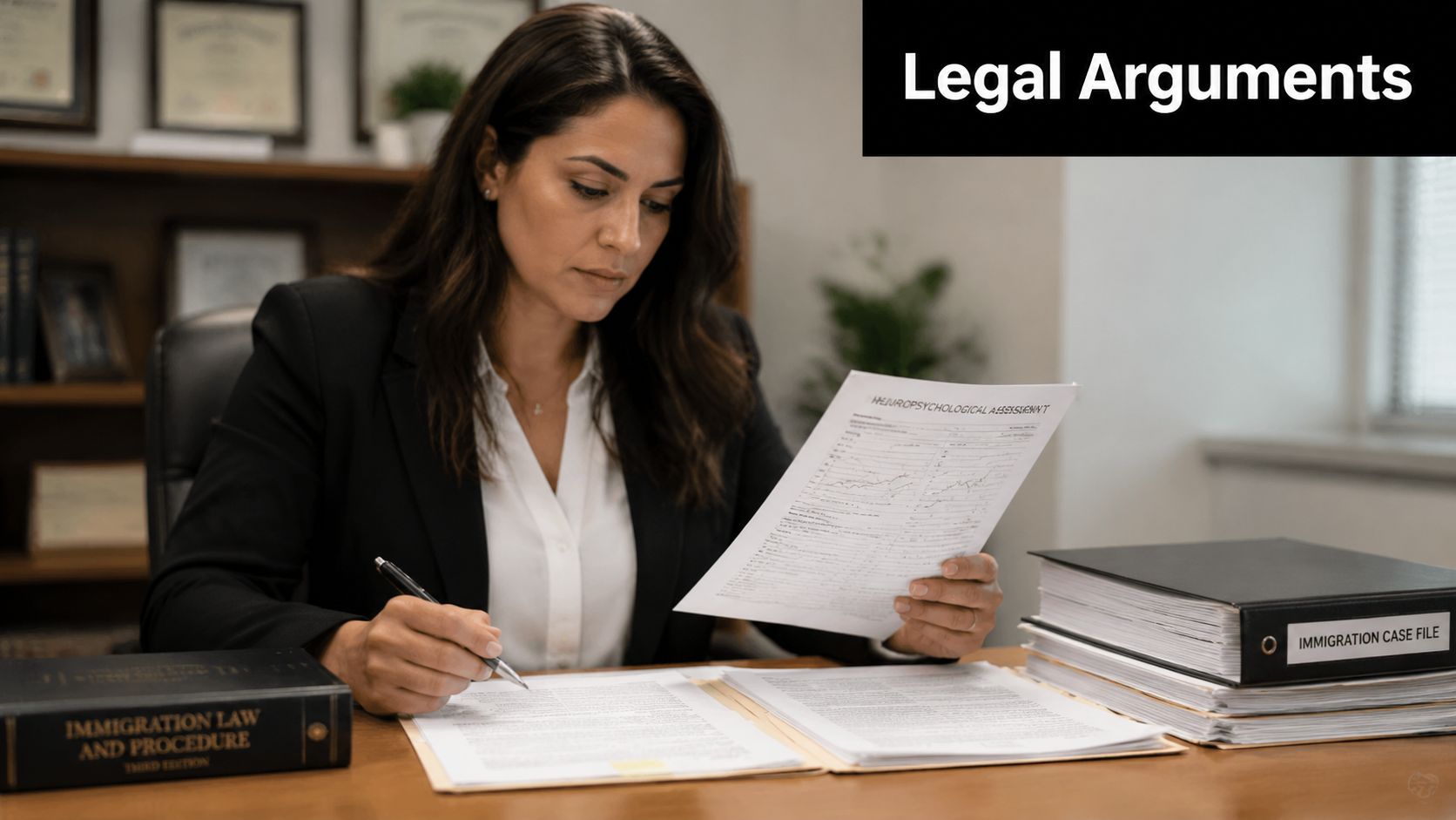 A professional woman in a suit reviews a neuropsychological assessment document in her law office.