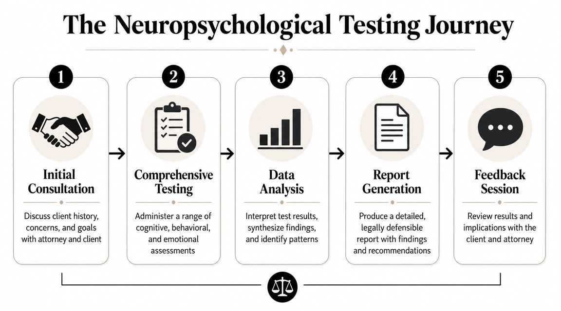 A five-step flowchart illustrating the professional neuropsychological testing process from initial consultation to the final feedback session.