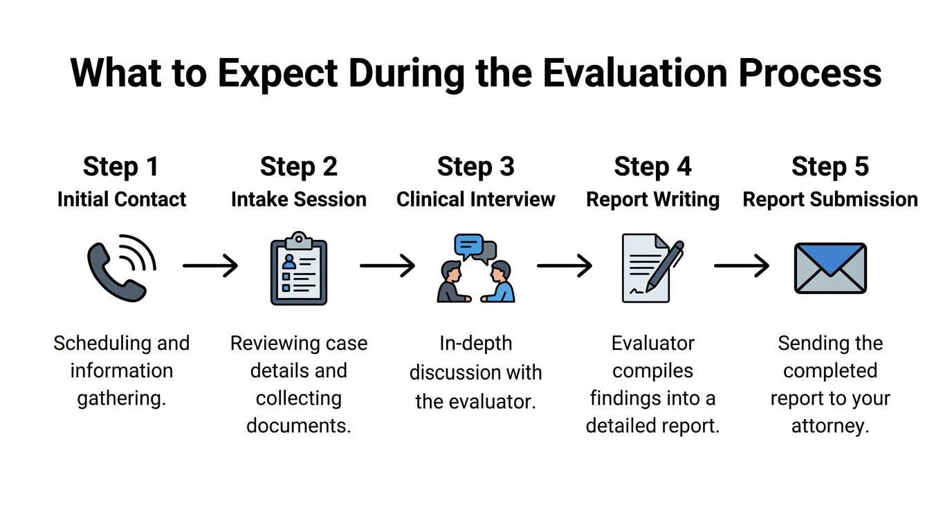 A five-step flowchart illustrating the psychological evaluation process, from initial contact to report submission.