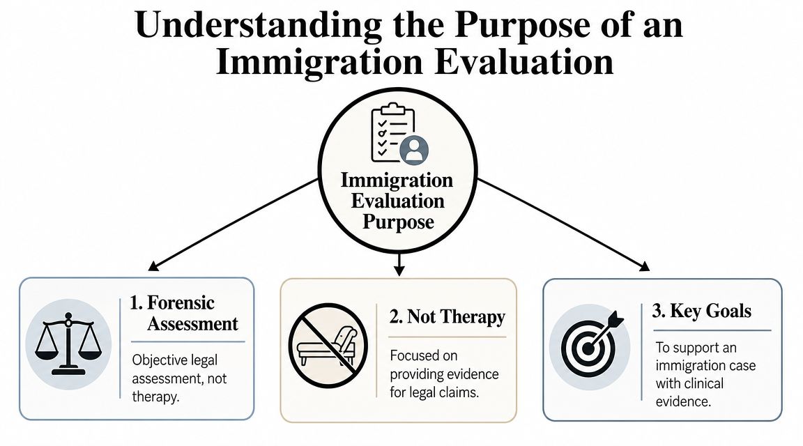 A diagram illustrating the purpose of an immigration evaluation, highlighting forensic assessment, legal focus, and clinical evidence.