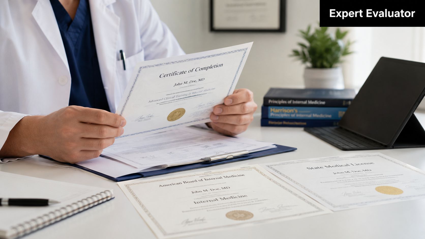 A professional doctor in a white coat reviewing medical certificates and documents in an office.