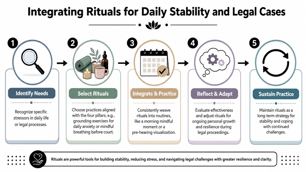 A five-step infographic showing how to integrate self-care rituals for stability during legal processes and daily life.
