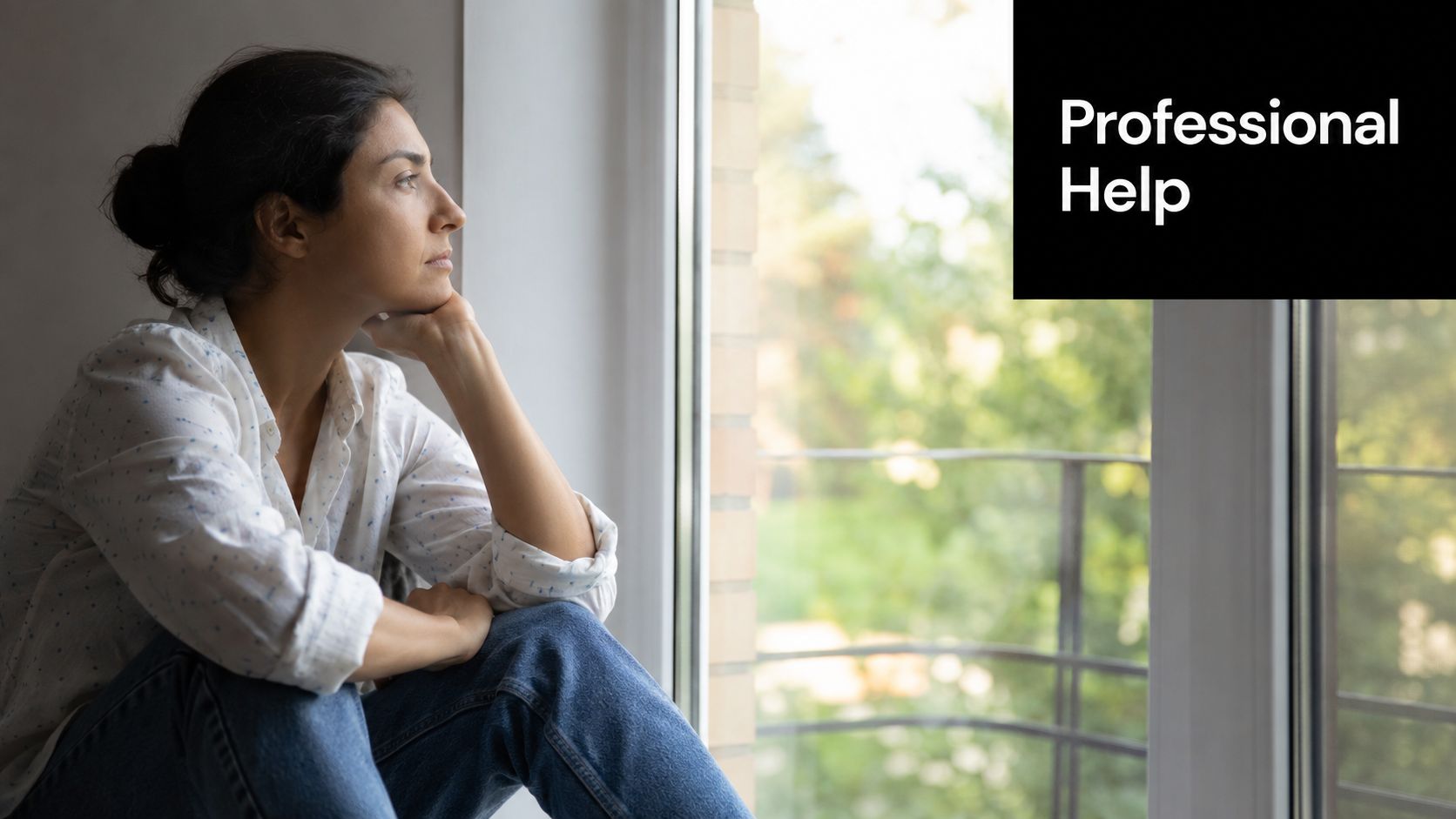 A pensive woman sitting by a window looking outside, accompanied by a Professional Help text box.