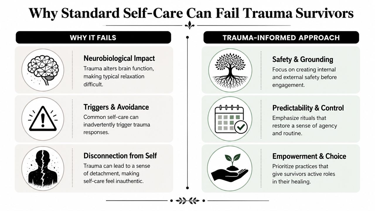An infographic comparing why standard self-care often fails trauma survivors versus using a trauma-informed approach.