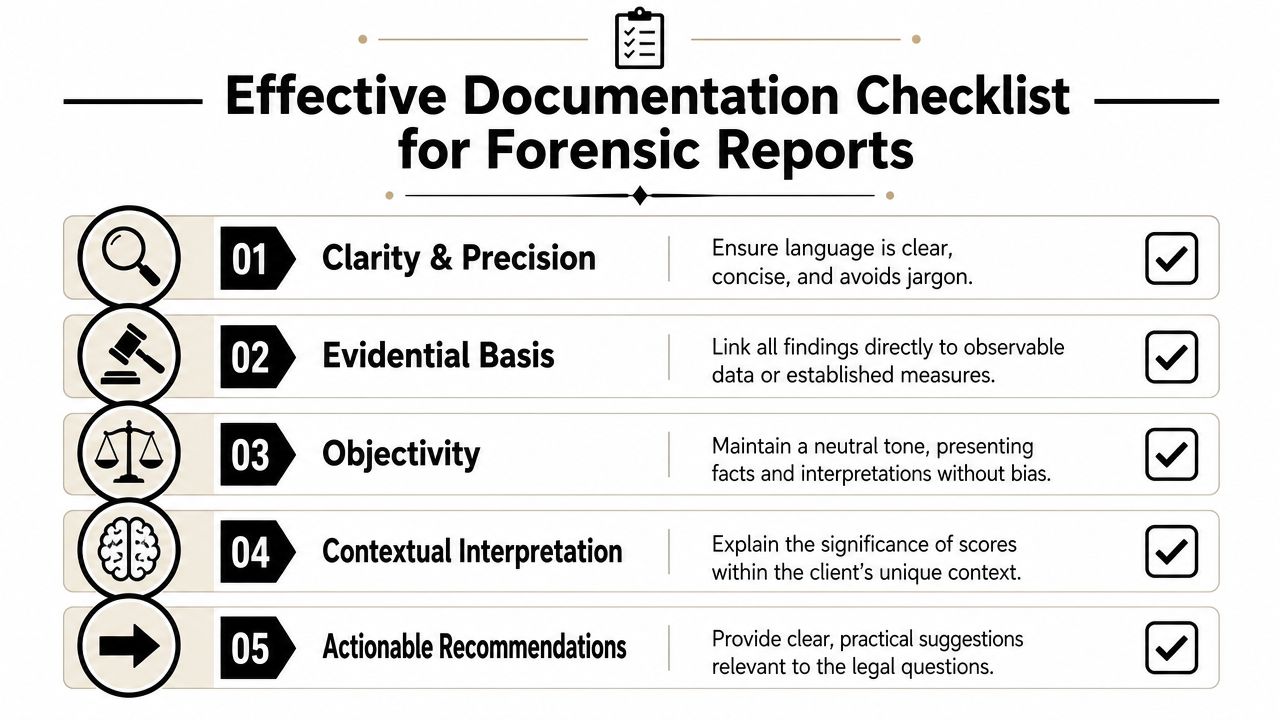 An infographic checklist for forensic reports outlining five essential criteria for effective professional documentation and reporting.