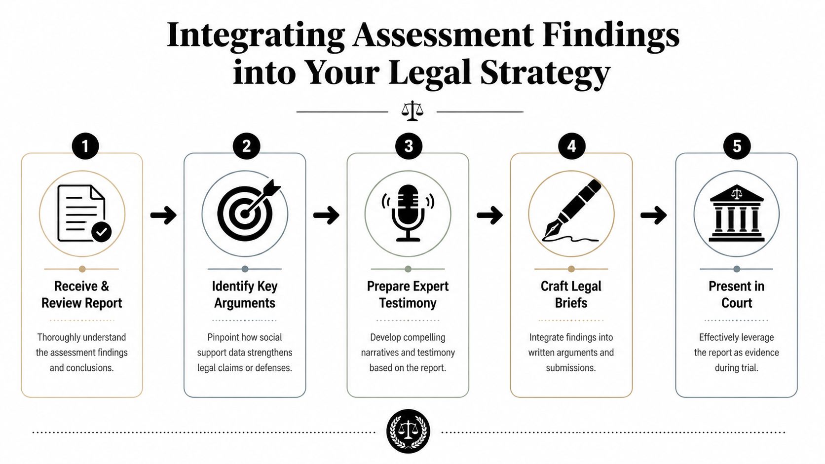 A five-step infographic showing the process of integrating social support assessment findings into a legal strategy.