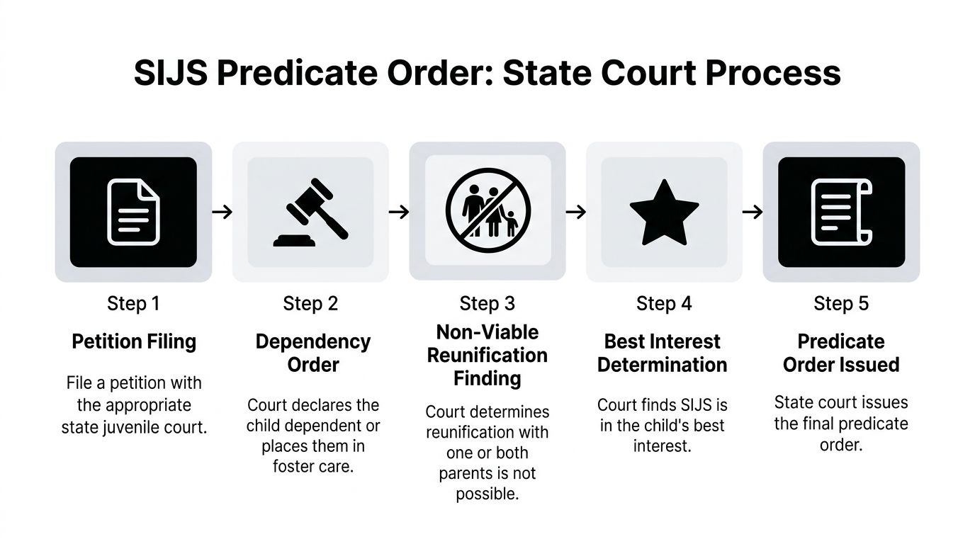 A flowchart showing the five steps of the state court process for obtaining a special immigrant juvenile status.