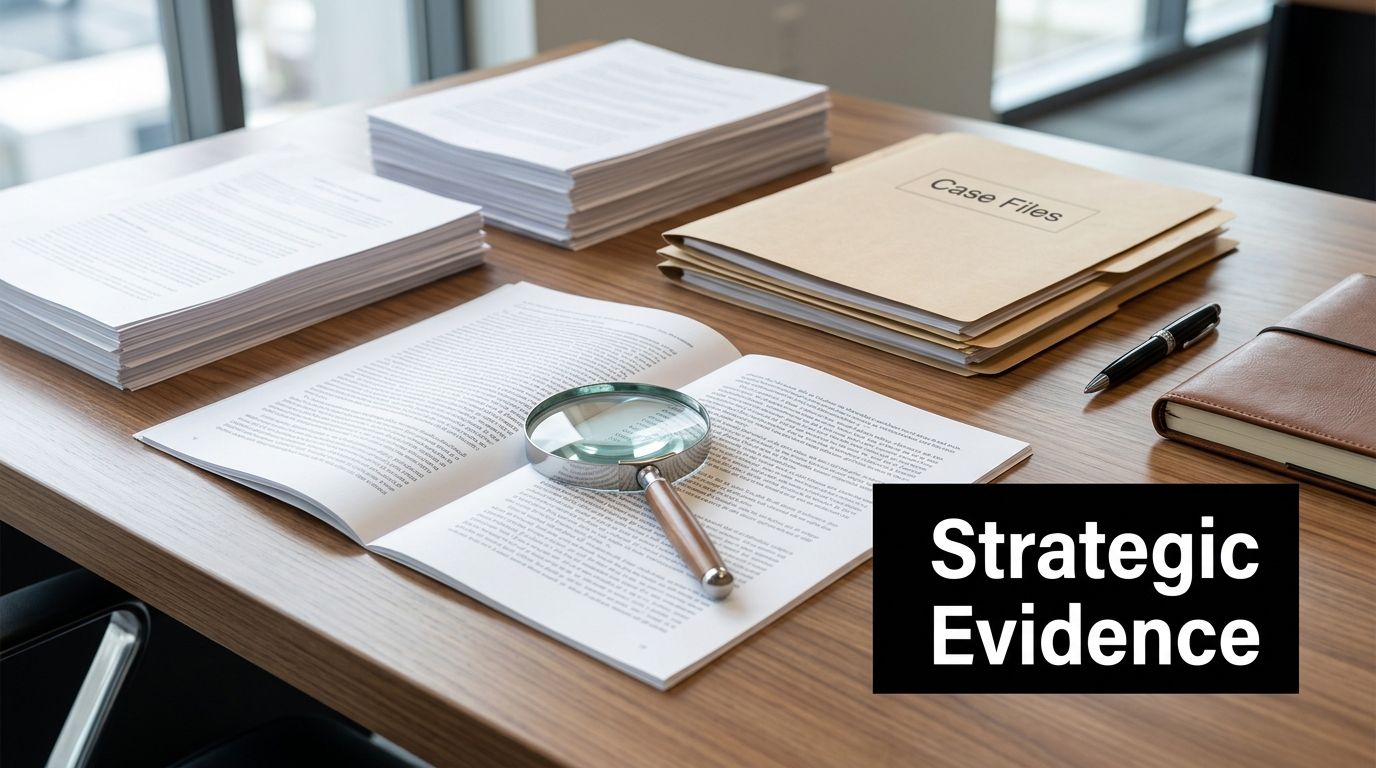 A magnifying glass resting on an open book next to case files and documents on a desk.