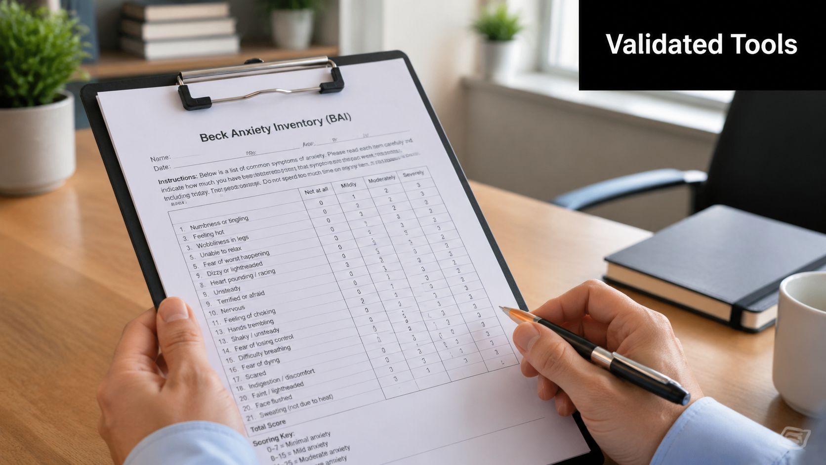 A person holding a clipboard with a Beck Anxiety Inventory form while readying a pen to fill it out.