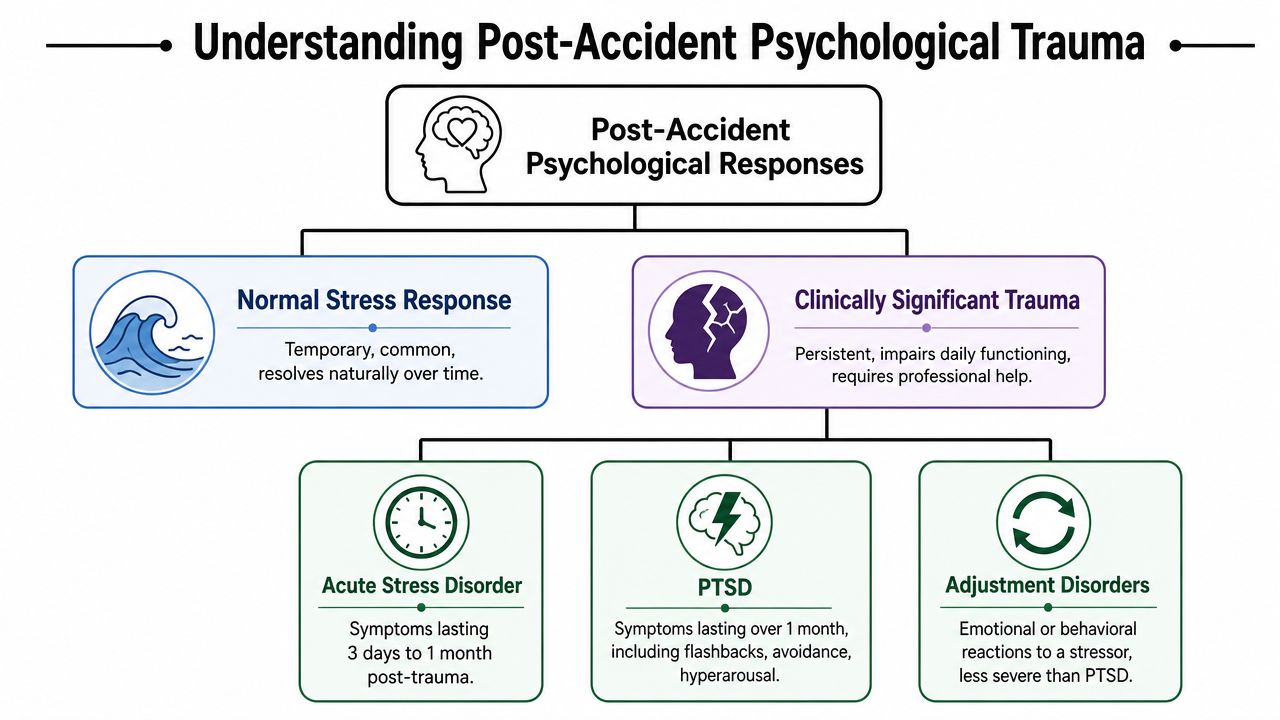 A flowchart categorizing post-accident psychological responses into normal stress responses and clinically significant trauma disorders.